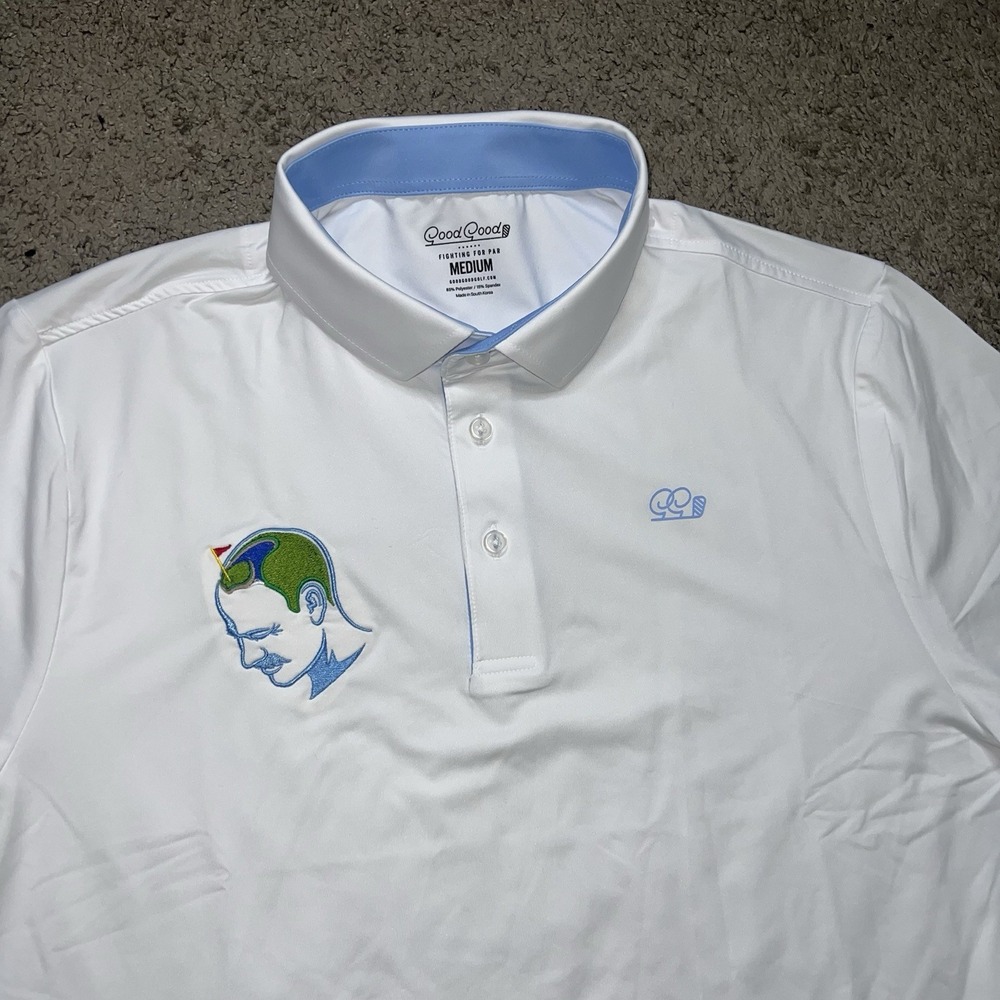 Good Good Polo Shirt Mens M White Performance Golf On My Mind Embroidery